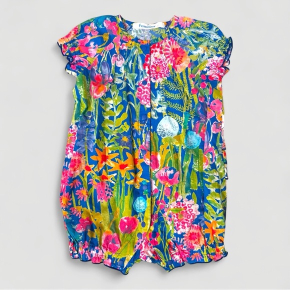 Familiar Japan Luxury Baby Romper 70 / US 6–12M – Vibrant Floral Print – NWOT - Picture 2 of 16
